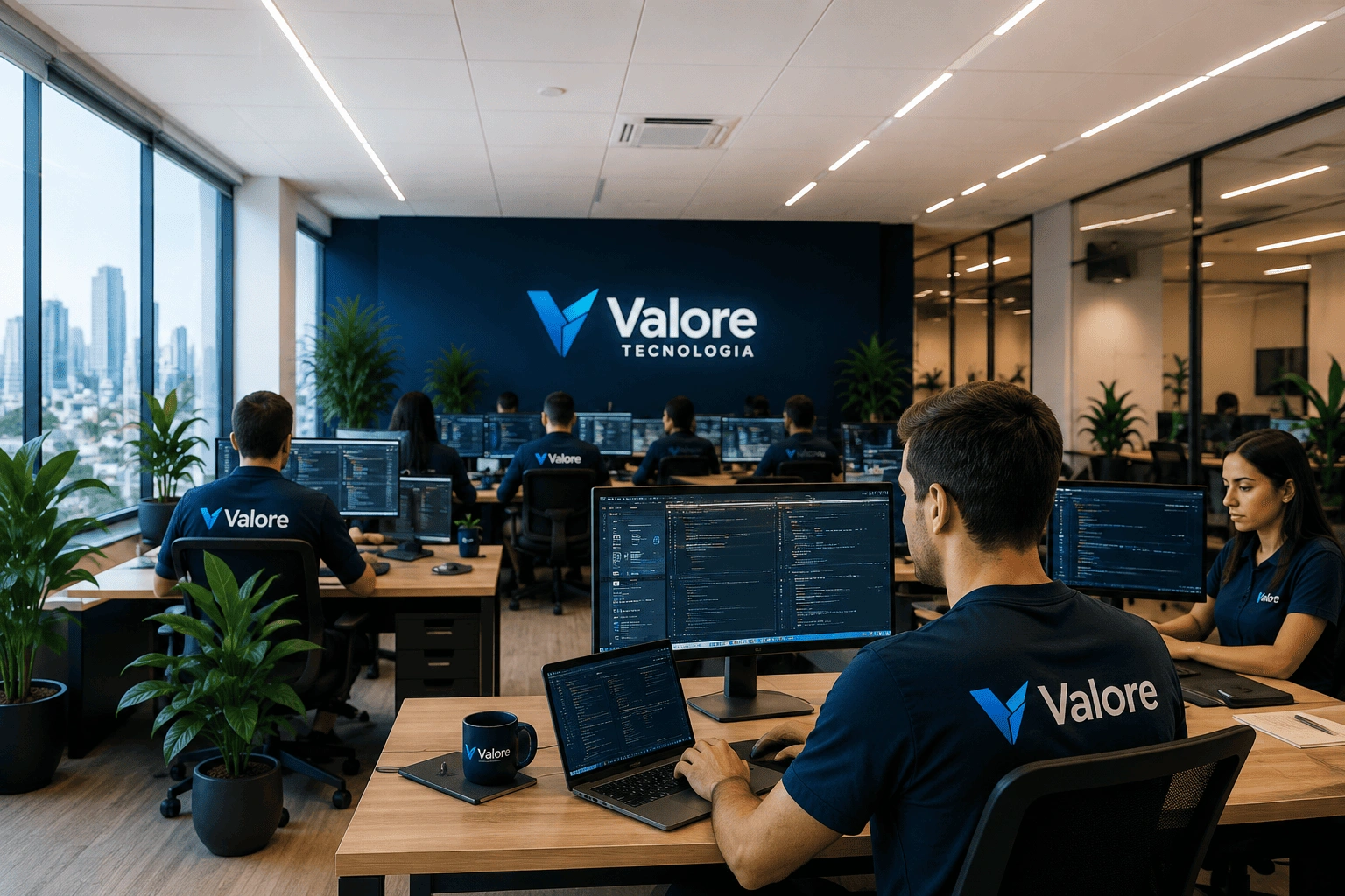 Escritório da Valore Tecnologia com equipe trabalhando em ambiente corporativo moderno