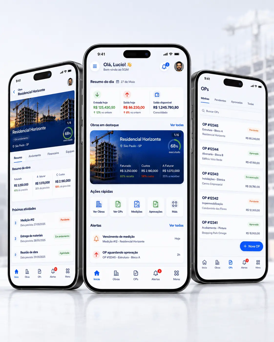 Aplicativo mobile do SGM com gestão de obras, ordens de pagamento e indicadores